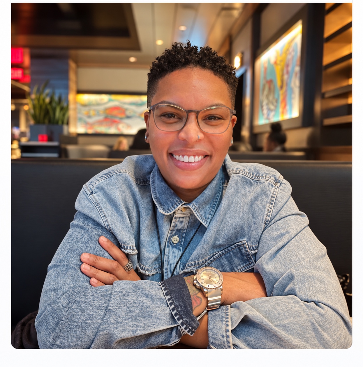 Rosalyn, founder of The Art of Again, smiling in a denim shirt