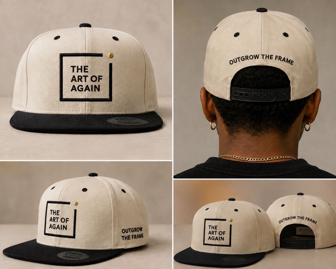 Design preview of The Art of Again ivory and black hat from several angles, with broken-frame embroidery and a gold dot